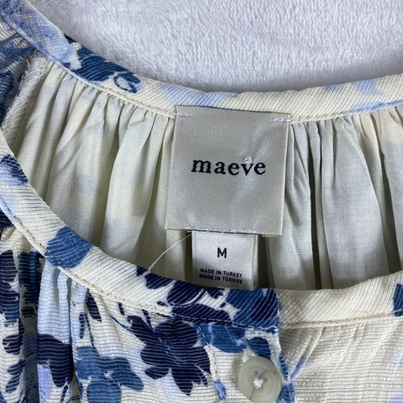 Maeve Anthropologie Mini Swing Dress Sz M Cream Blue Long-Sleeve V-Neck Fairy - Picture 3 of 12